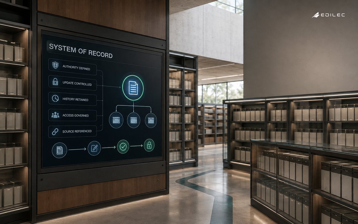 A controlled records archive displaying the authority, update, history, access and source-reference rules for a system of record.