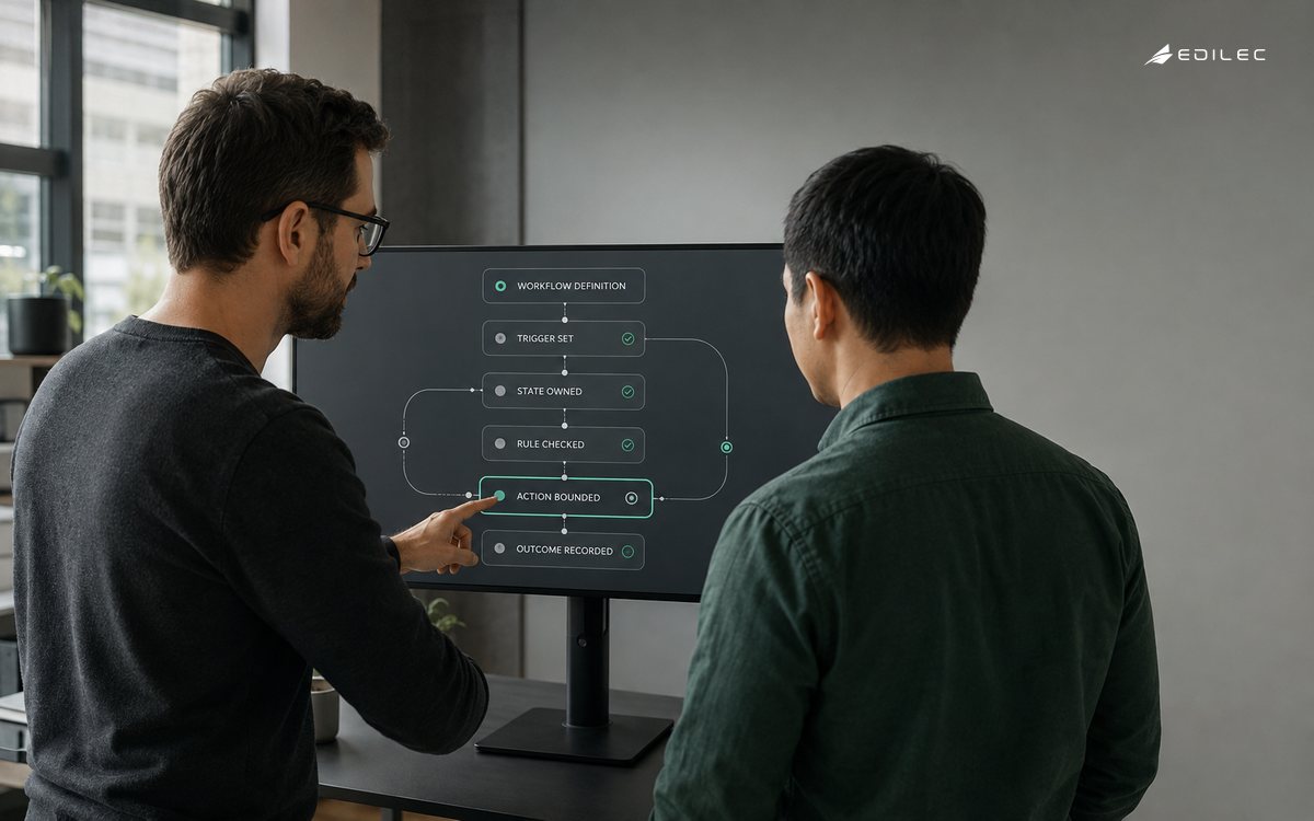 Two product leaders reviewing a workflow-builder screen with trigger, state, rule, action and outcome controls.