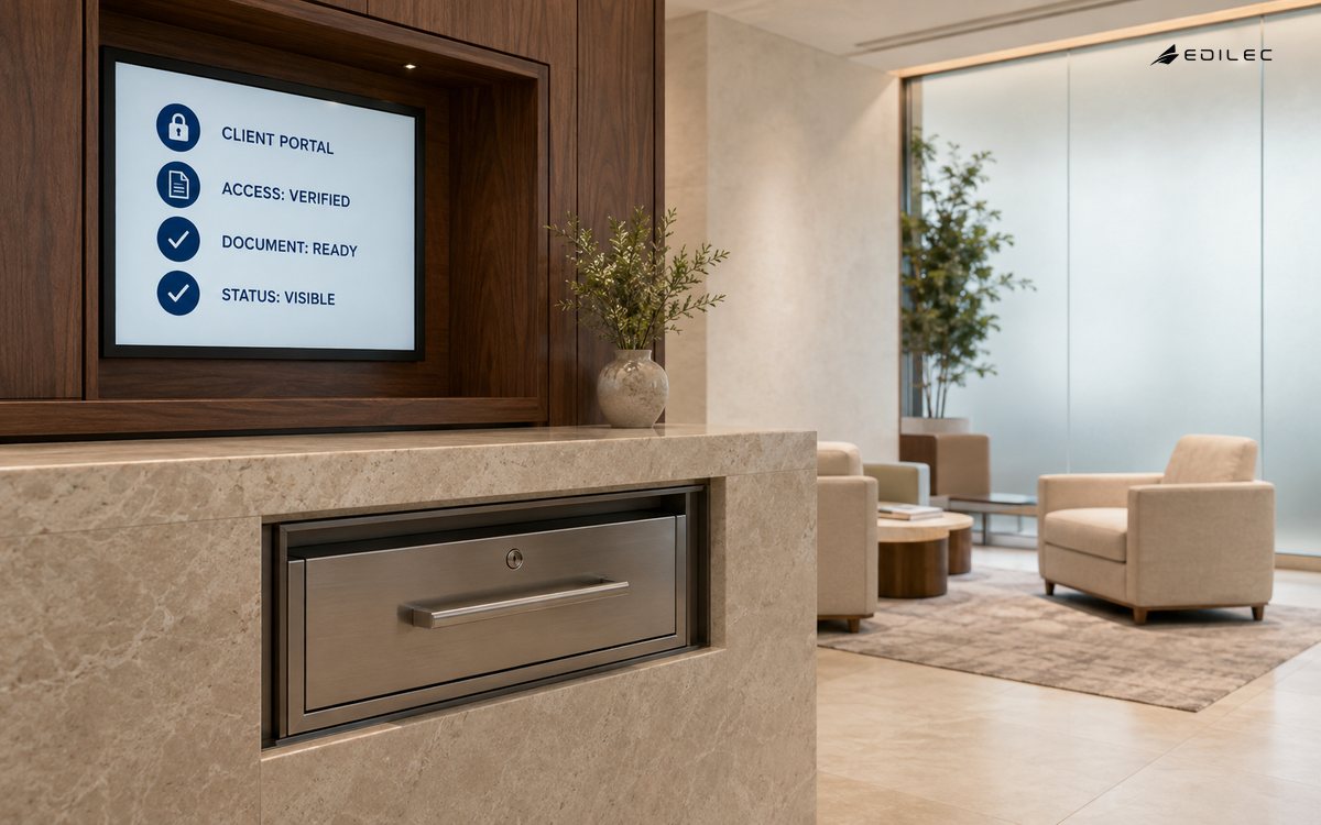 A secure document-transfer drawer sits below a client portal that shows verified access and visible document status.