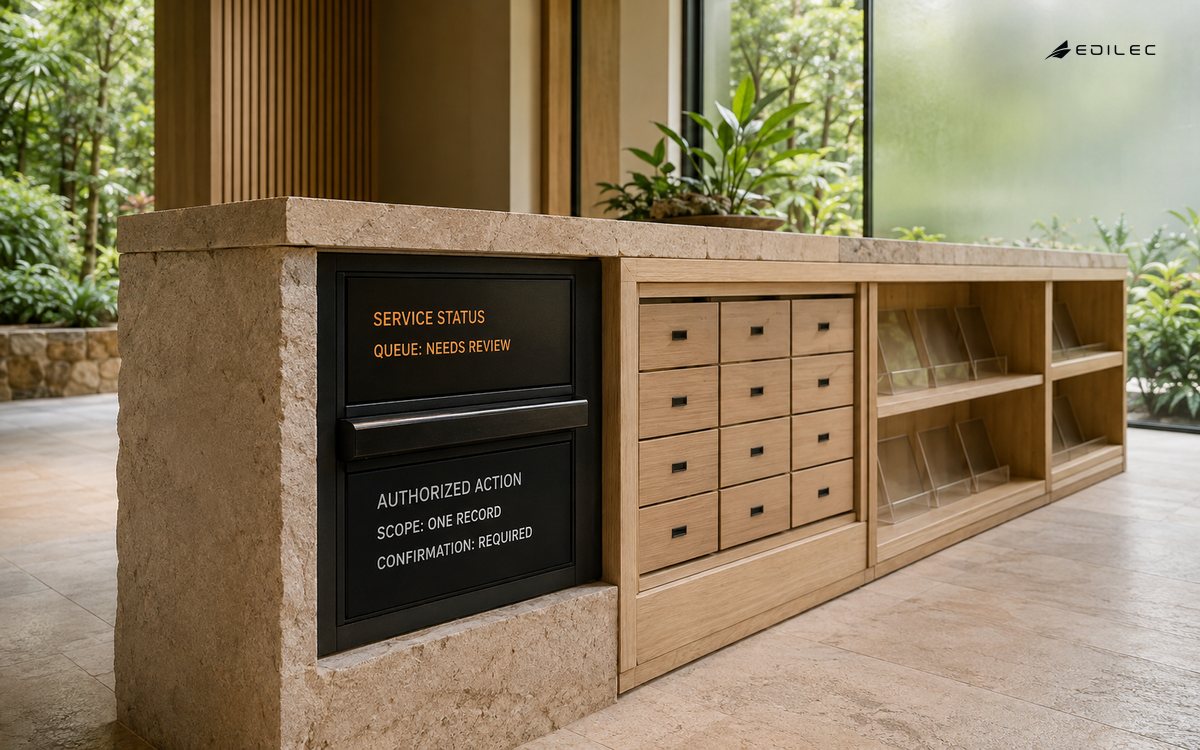 A botanical visitor-service counter separates a service-status view from an authorized action scoped to one record.