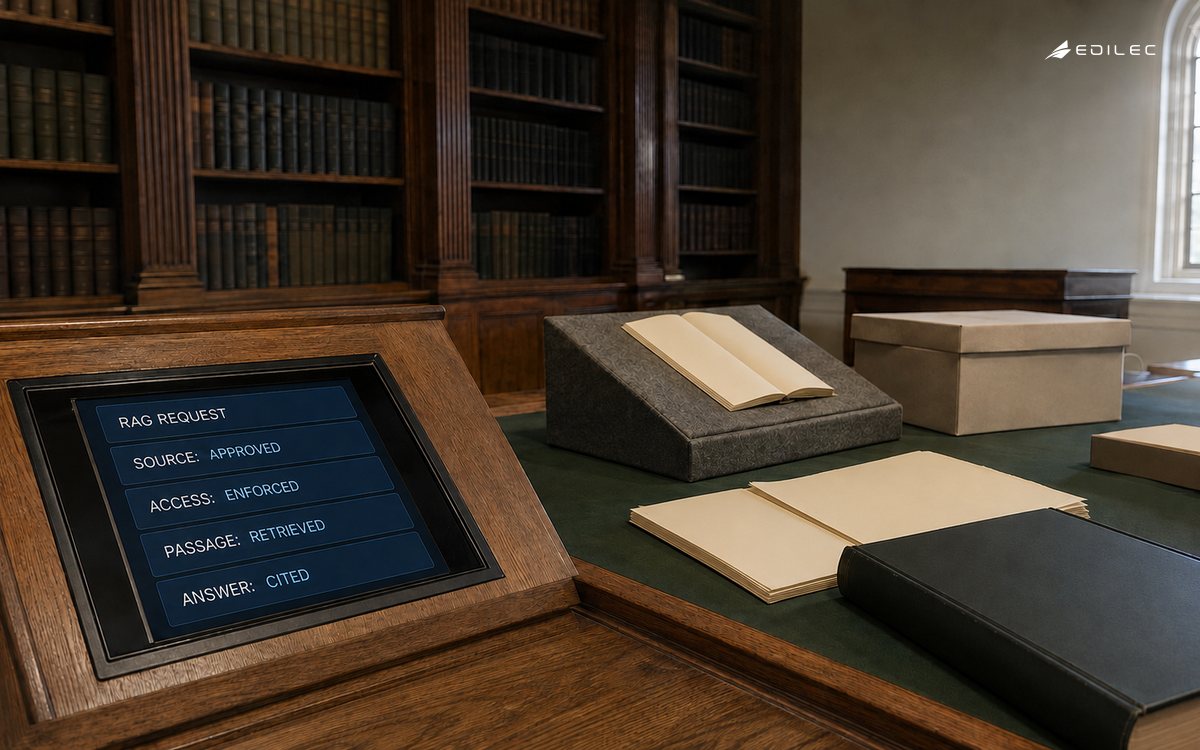 A special-collections reading table displays a RAG request moving from an approved source and enforced access to a retrieved passage and cited answer.