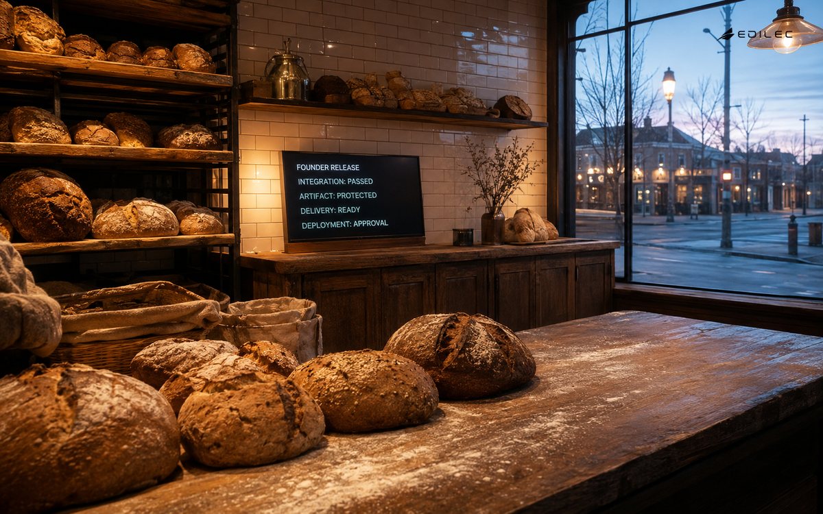 A bakery production station shows a founder release record with passed integration, a protected artifact, ready delivery and deployment approval.