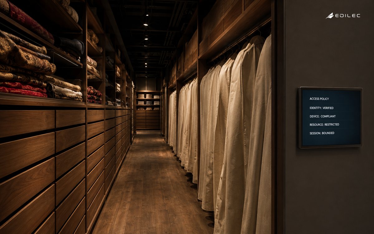 A costume archive access point shows a policy requiring verified identity, a compliant device, a restricted resource and bounded session.
