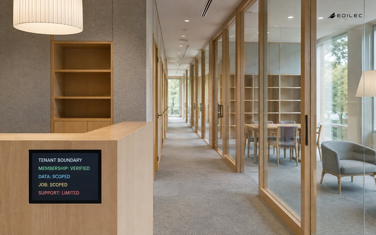 Separate glazed library study rooms share one service corridor beside a tenancy record for scoped membership, data, jobs and support.