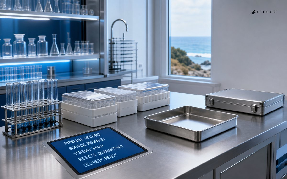 A coastal sample lab pipeline record tracks received source, valid schema, quarantined rejects and ready delivery.