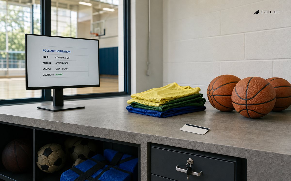 A sports-equipment loan counter shows a coordinator authorized to assign a case within their own region.