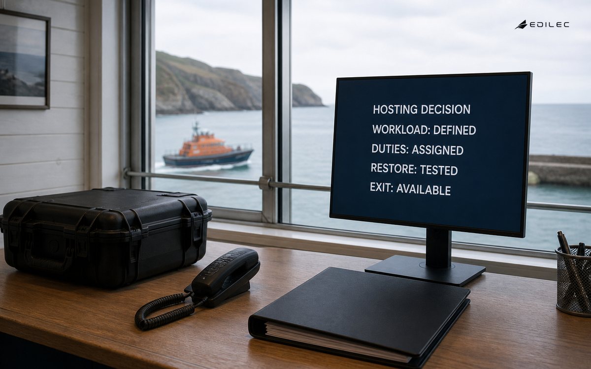 A coastal rescue office monitor frames a cloud-hosting decision through workload, assigned duties, tested restore and exit.