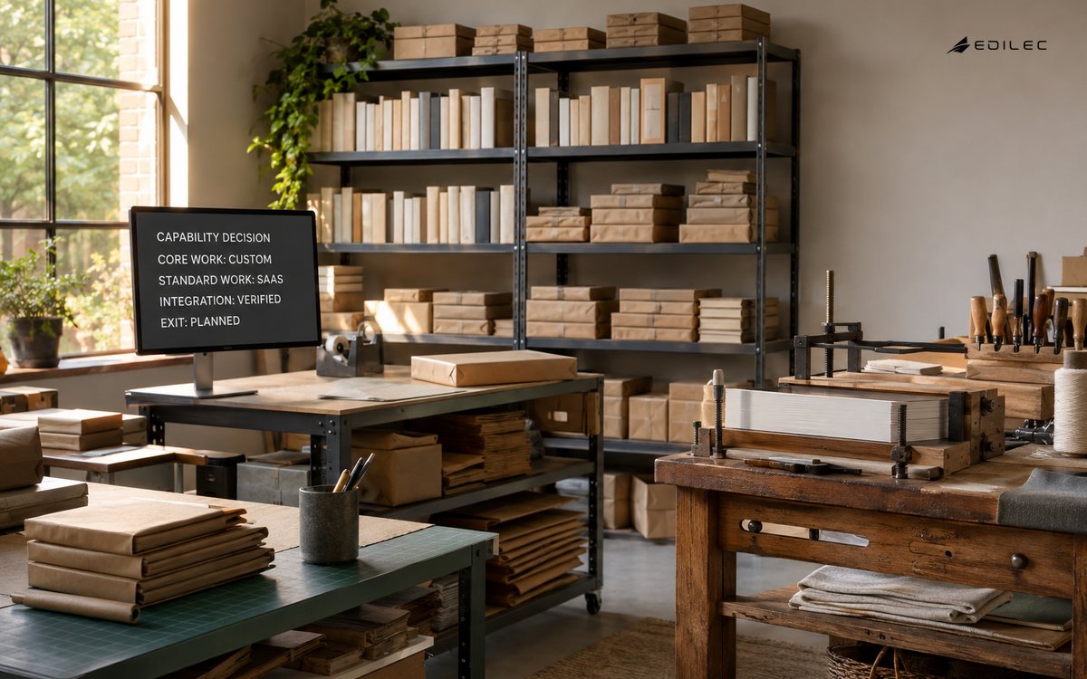 A bookshop fulfillment studio pairs standard packing and specialist binding with a custom-versus-SaaS capability decision.