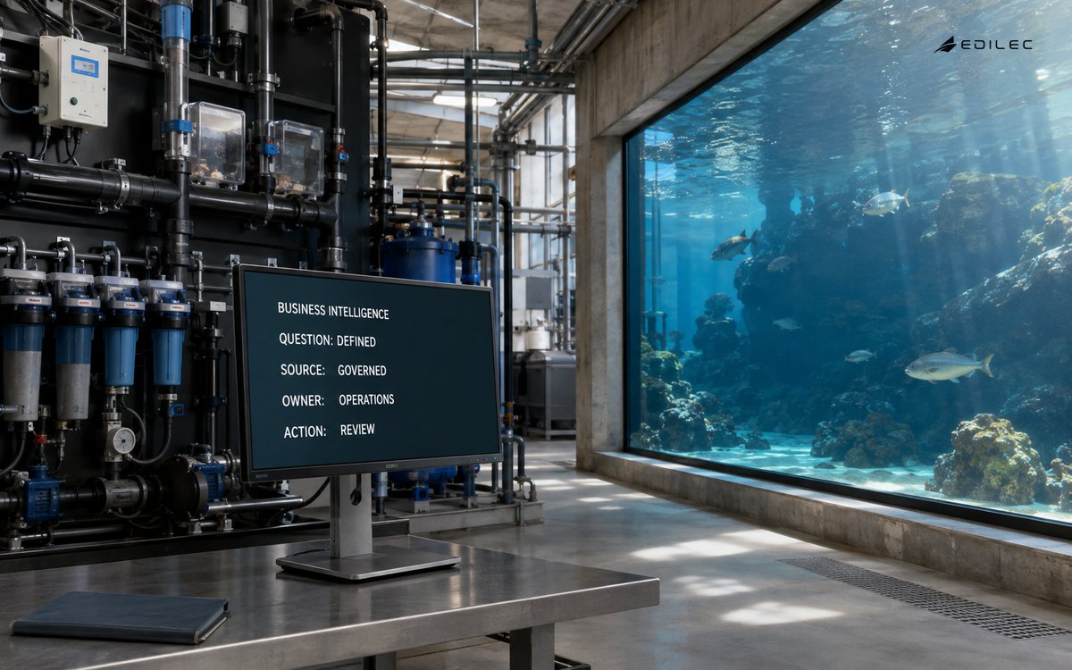 An aquarium operations room uses governed business intelligence to support an operating decision.