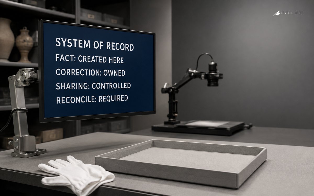 A museum cataloguing station explains where an authoritative fact is owned.
