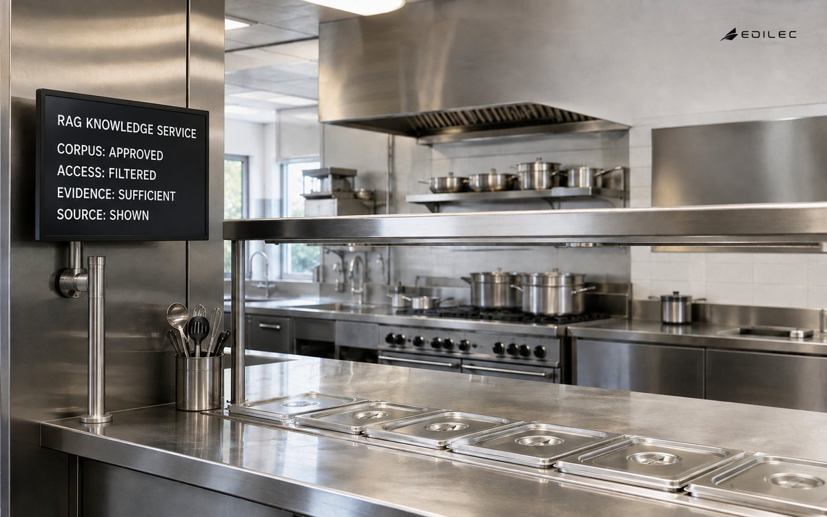 A teaching-kitchen knowledge station shows a RAG service using an approved corpus, filtered access, sufficient evidence and a visible source.