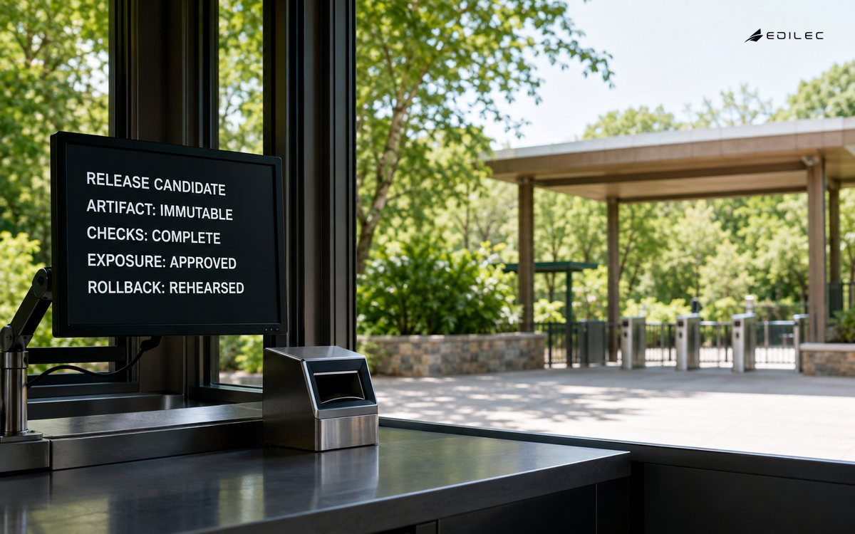 A zoological-garden visitor-app booth shows an immutable release candidate with complete checks, approved exposure and rehearsed rollback.
