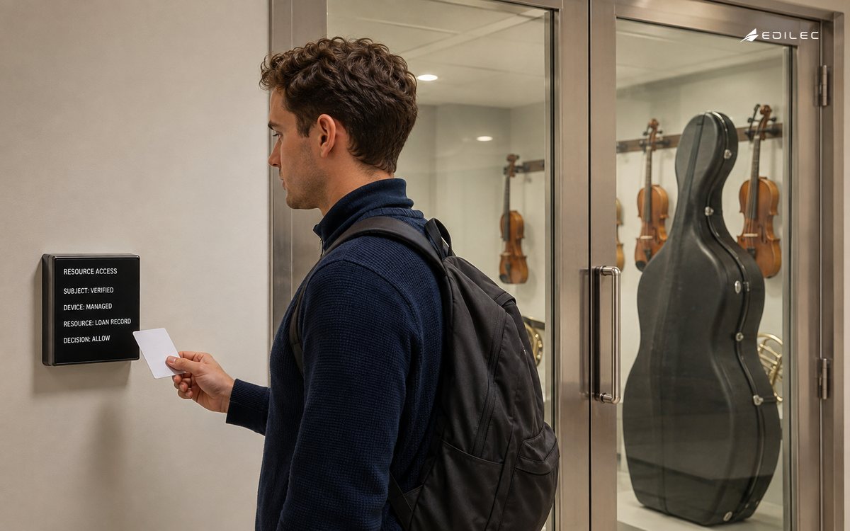 A music-conservatory user presents a badge while a terminal verifies the subject and managed device before allowing access to a loan record.