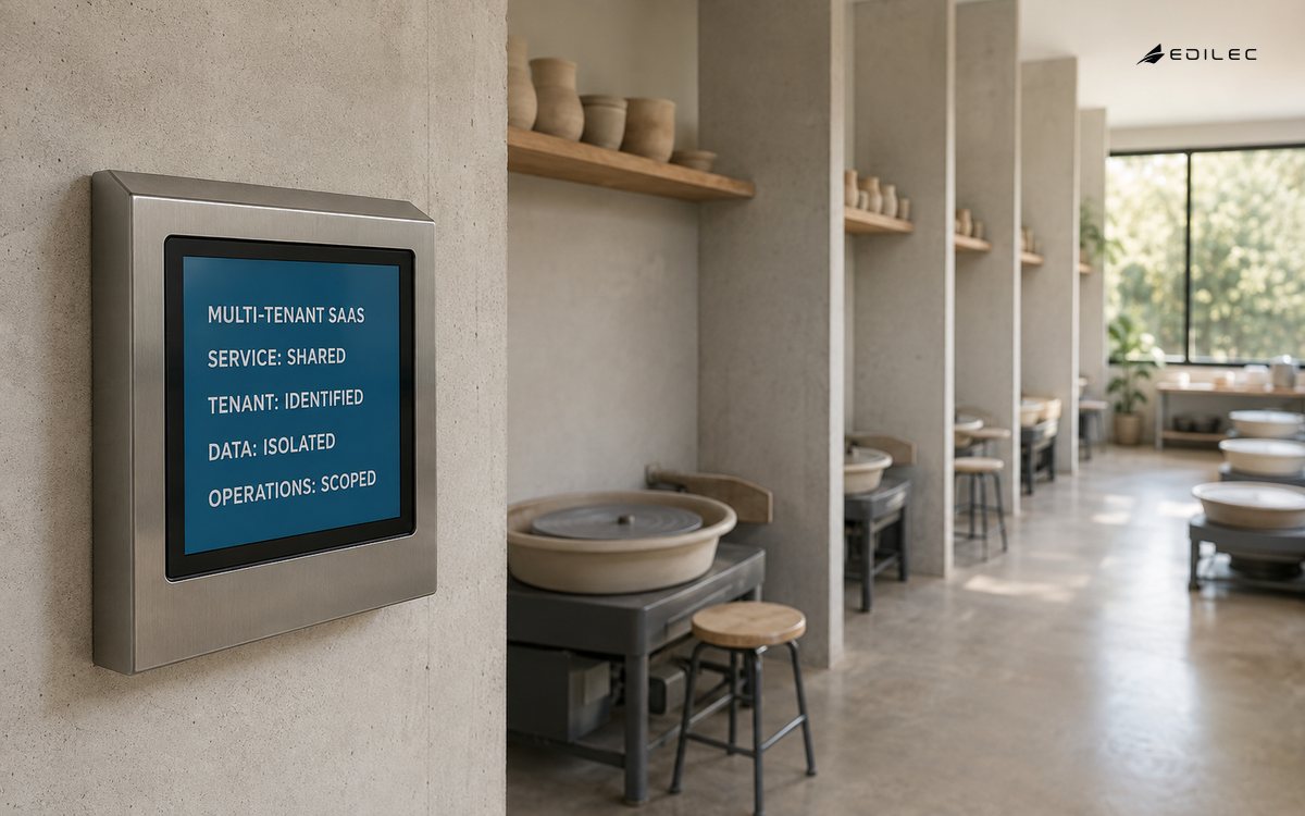 A shared ceramics studio illustrates a software service with identified, isolated tenants.