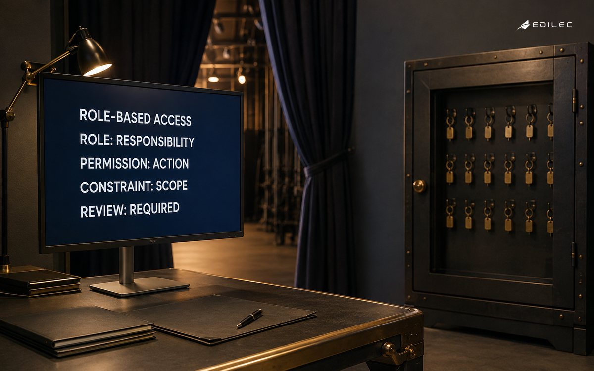 A theatre access office explains role-based access through responsibility, action, scope, and review.