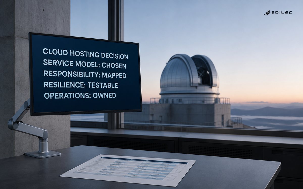 An observatory software room documents a cloud hosting responsibility decision.