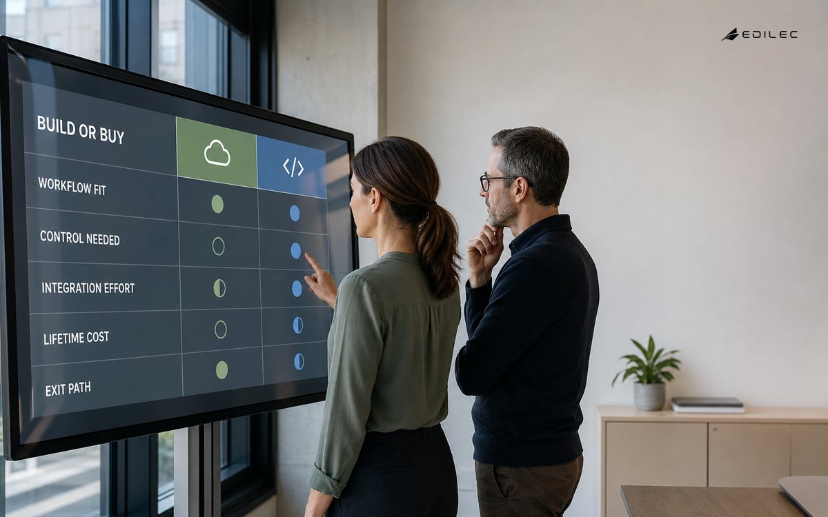 Two technical leaders comparing custom software and SaaS through workflow fit, control, integration effort, lifetime cost and exit path.