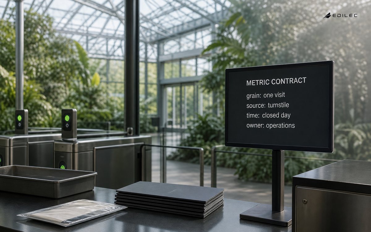 A metric-contract monitor stands beside entrance equipment and review materials in a conservatory.