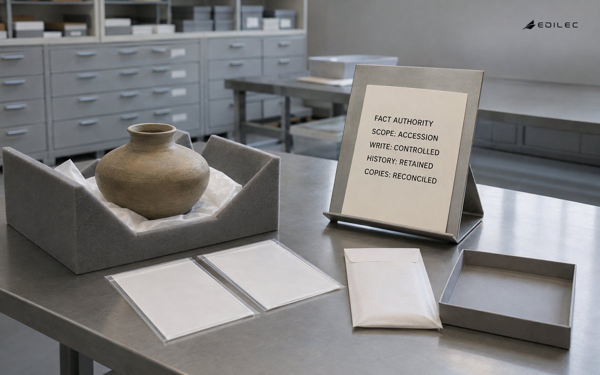 A printed authority folio stands beside a ceramic collection object and archival record sleeves.
