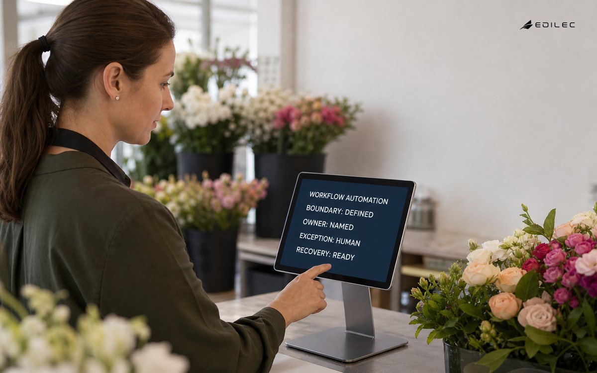 A flower-distribution coordinator reviews the boundaries and recovery path of an automated workflow.