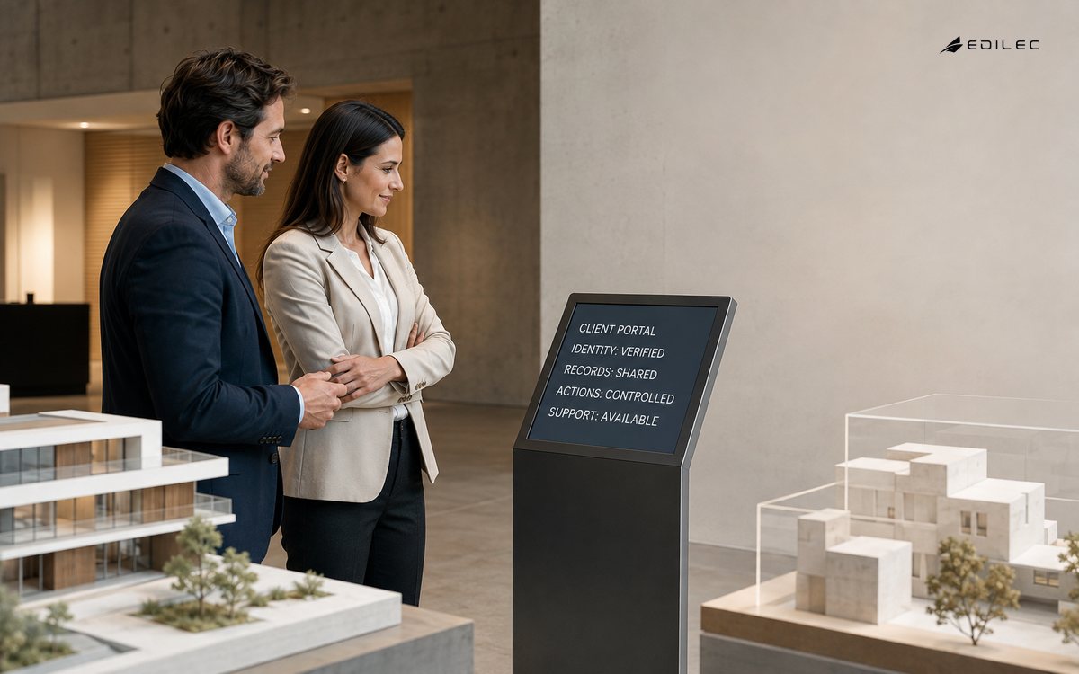 An architecture consultant and client review a controlled client portal beside physical project models.