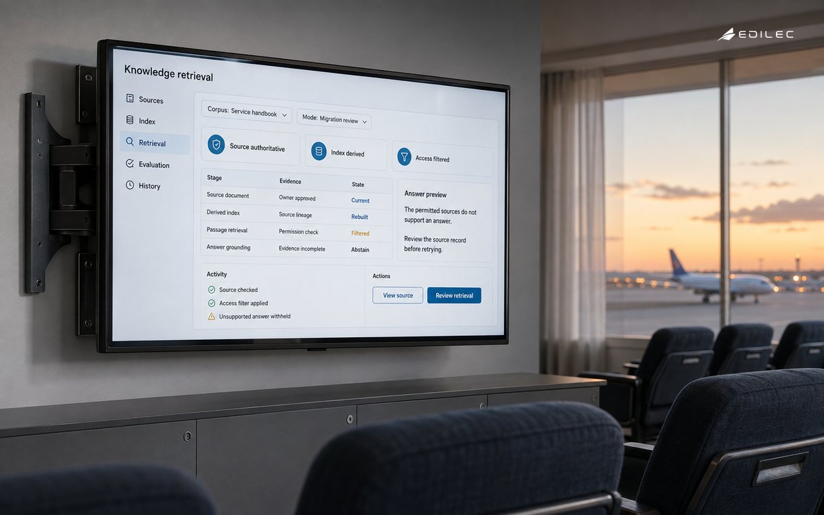 A knowledge retrieval console in a crew briefing lounge distinguishes authoritative sources, derived indexes and abstention.