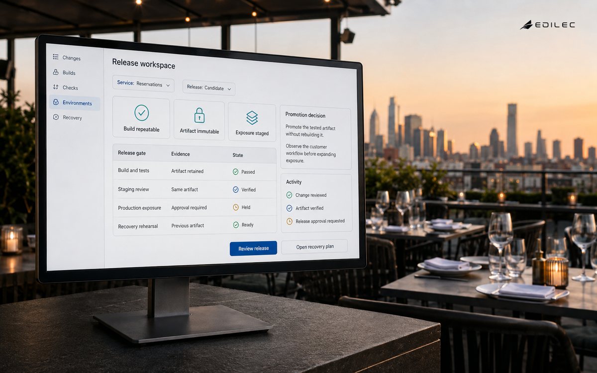 A restaurant reservation release console shows repeatable builds, immutable artifacts, staged promotion and recovery.