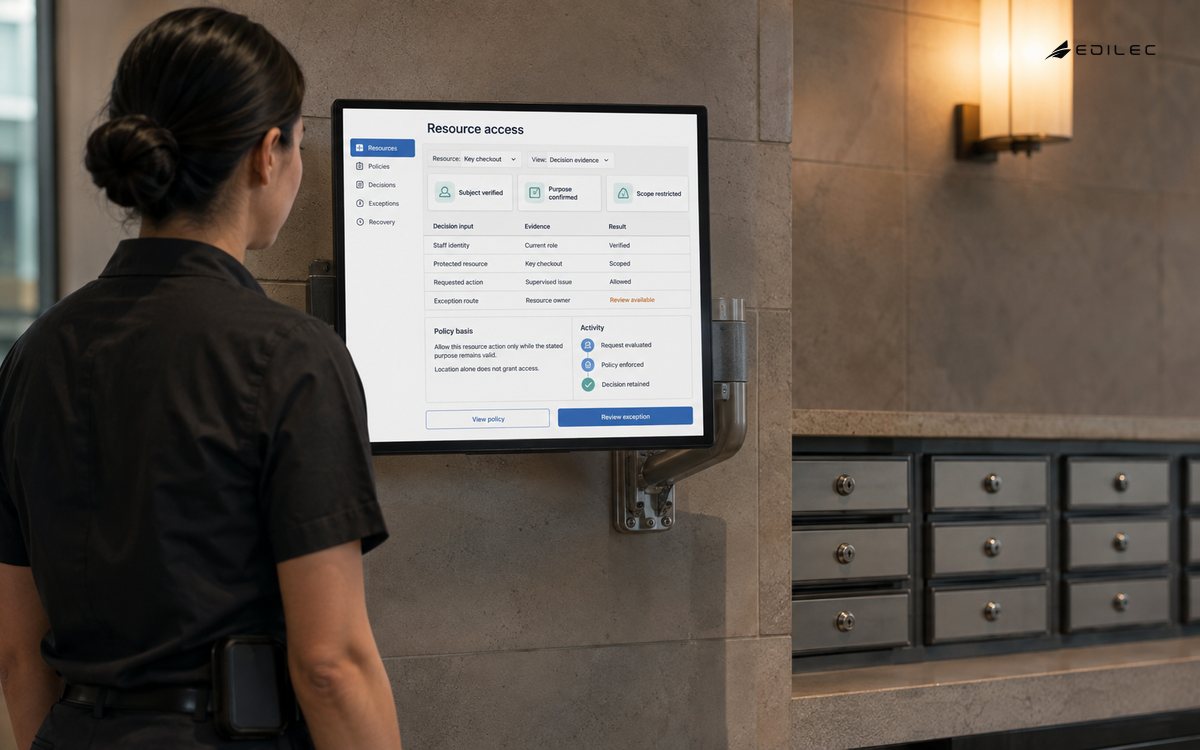 A hotel staff member views a resource-level access decision with policy evidence and exception controls.