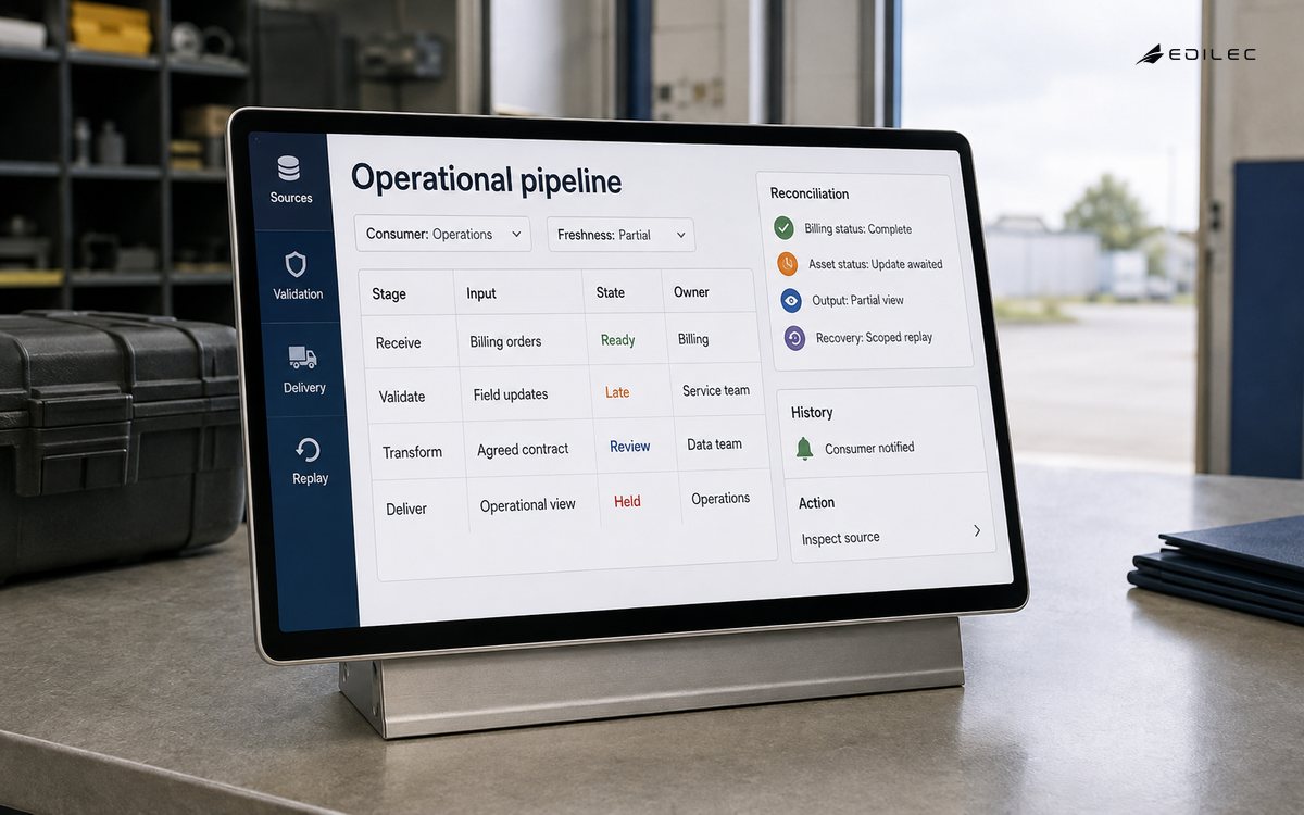 A dispatch-counter tablet shows data pipeline stages, source freshness and reconciliation context.