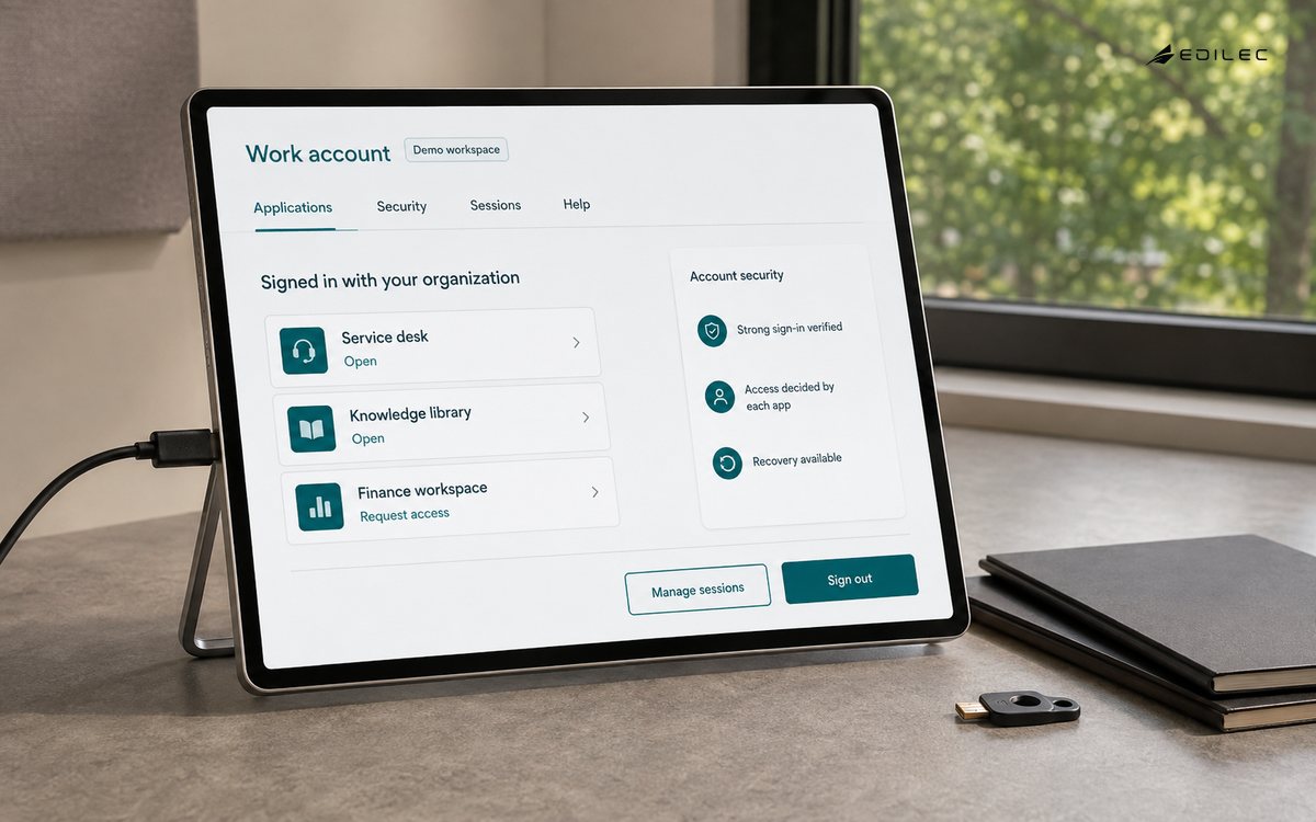 A work account launcher shows shared sign-in, available applications, and application-specific access requirements.