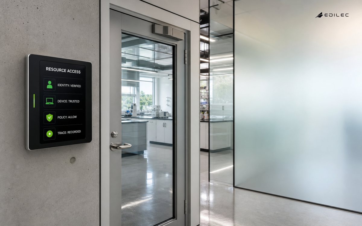 A laboratory resource door checks identity, device trust and policy before allowing access and recording the decision trace.