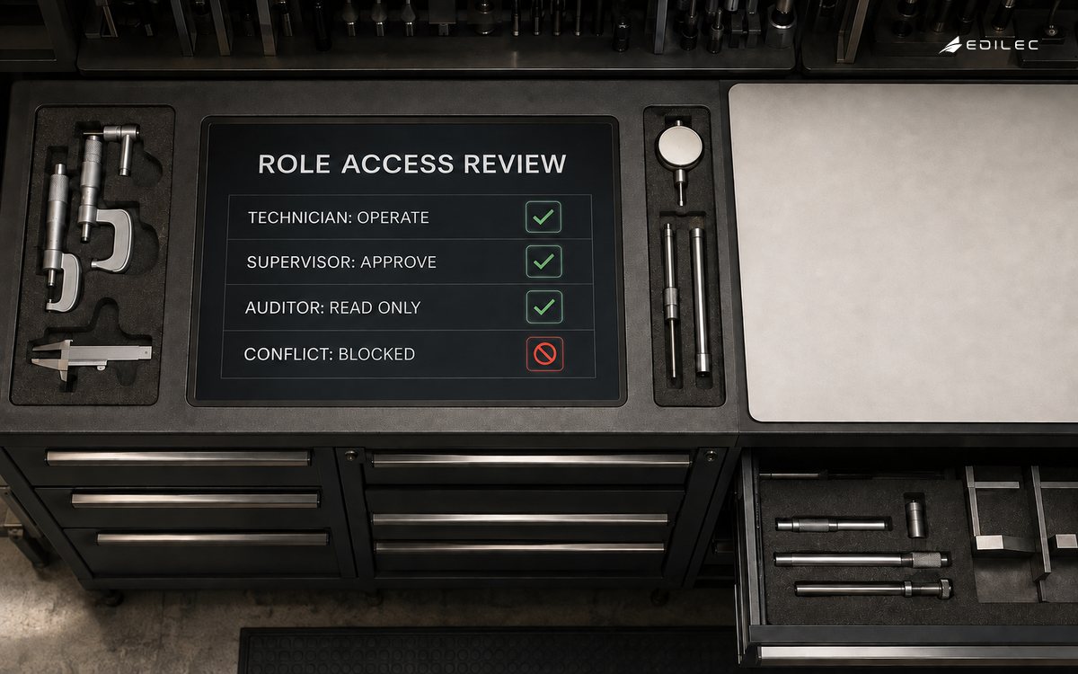 A precision-tool checkout station reviews technician, supervisor and auditor permissions while blocking a conflicting role combination.