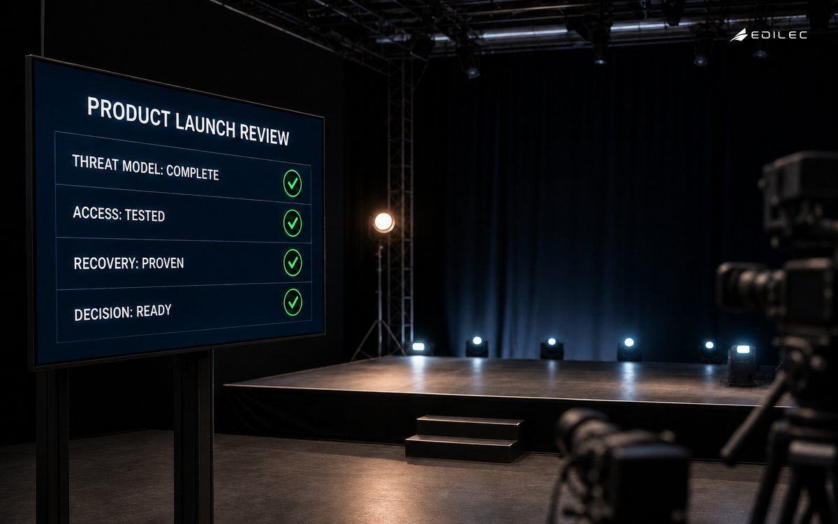 An empty broadcast studio launch gate shows completed threat modeling, tested access, proven recovery and a ready decision.