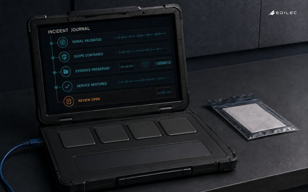 A portable incident console records validated signal, contained scope, preserved evidence, restored service and an open review.