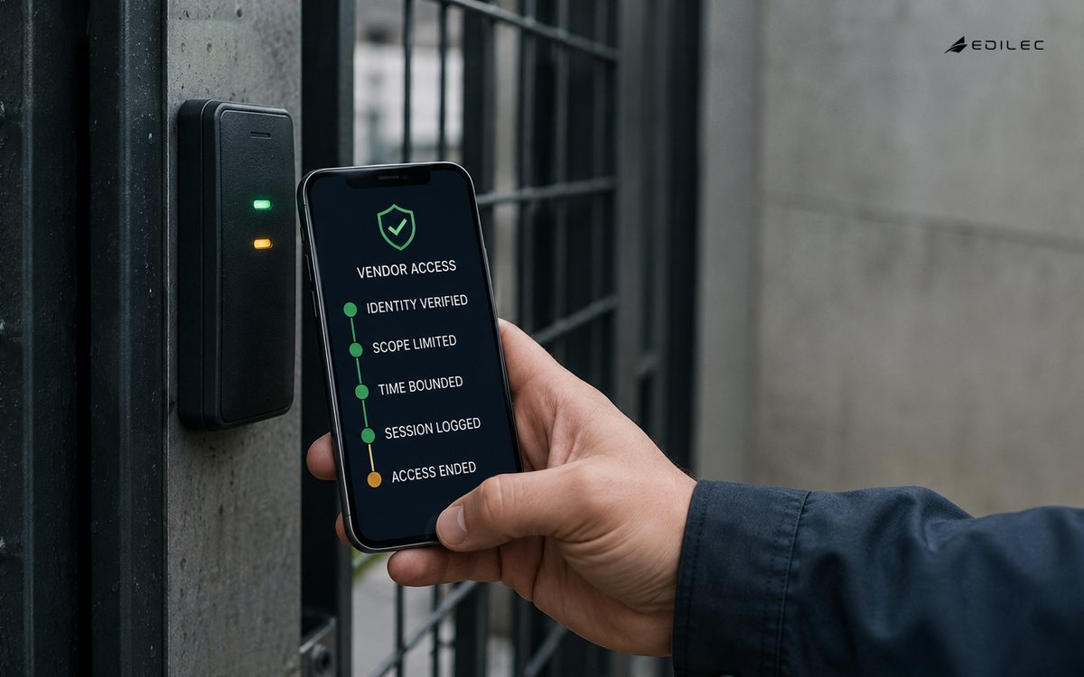 A technician presenting a time-bounded vendor access record beside a secure service-gate reader.