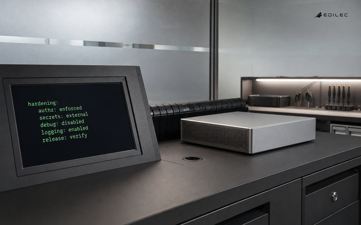 A software assurance bench displays a readable YAML hardening baseline for authorization, secrets, debugging, logging and release verification.