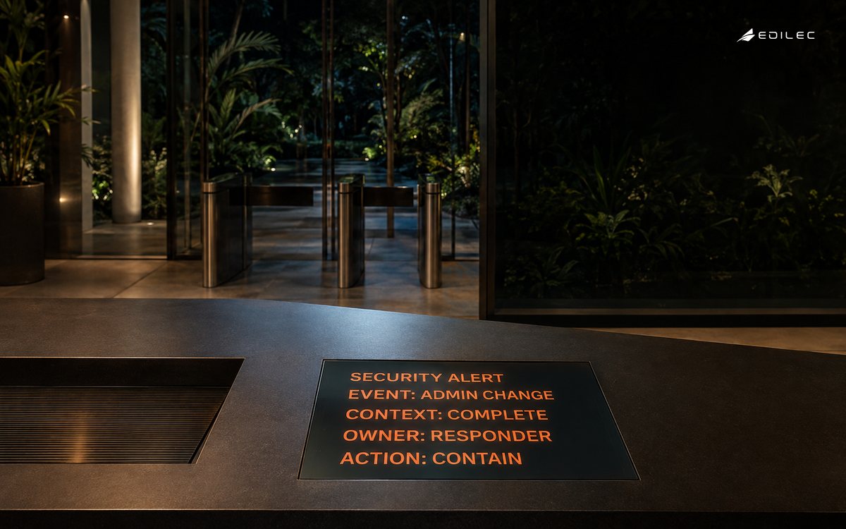 A conservatory security desk shows an admin-change alert with complete context, a responder owner and containment action.