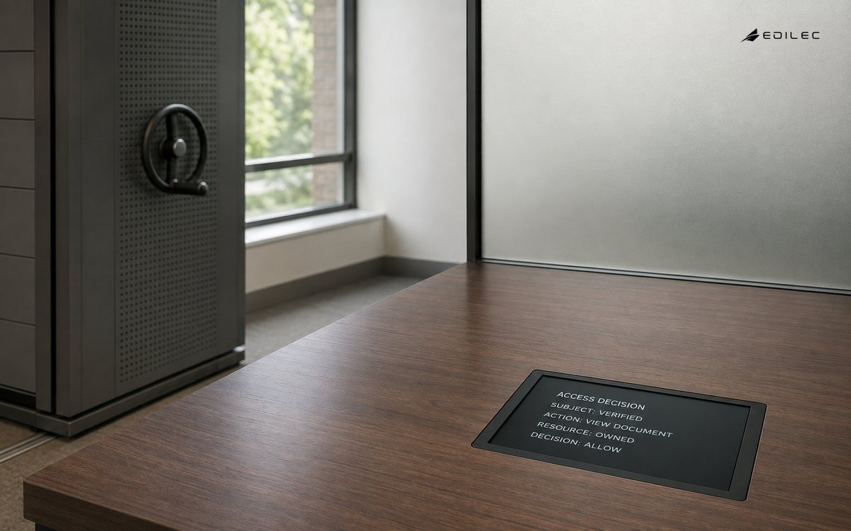 A medical records room displays a zero-trust access decision for a verified subject viewing an owned document resource.