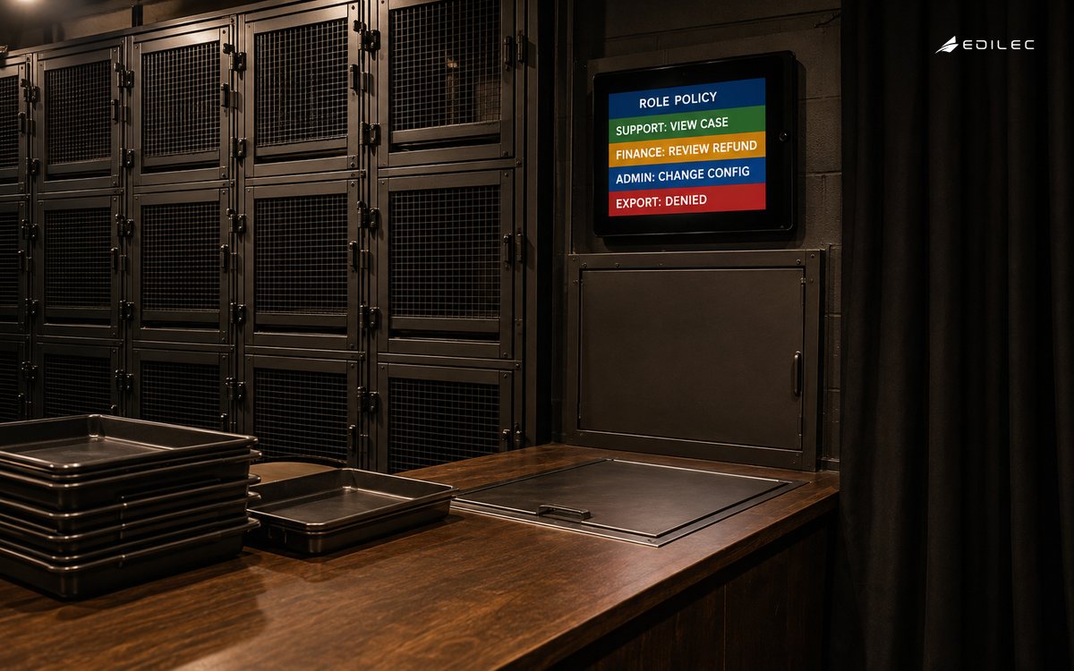 A backstage checkout hatch carries a role-policy table that grants job-relevant actions and denies export.