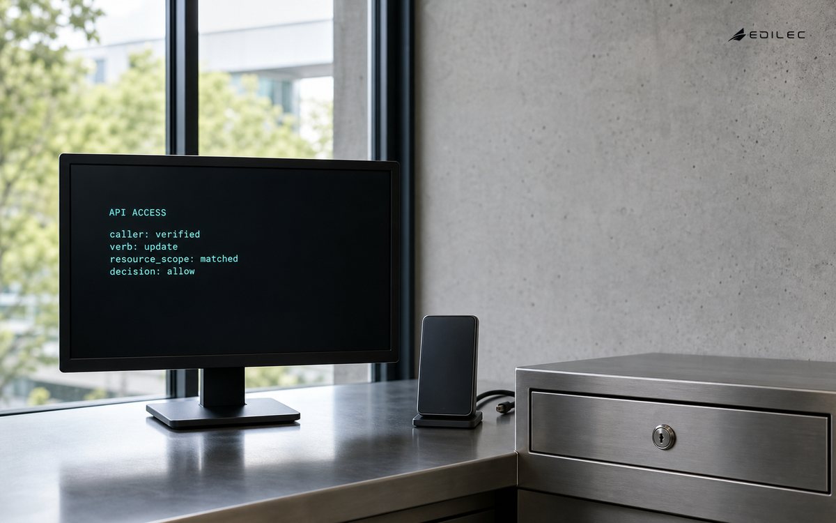 An integration test bench shows an API access decision for a verified caller updating a matched resource scope.
