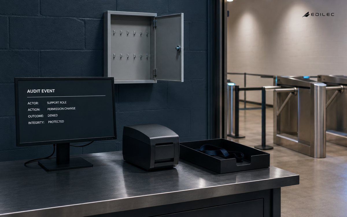 An arena access office records a denied support-role permission change in a protected audit event.