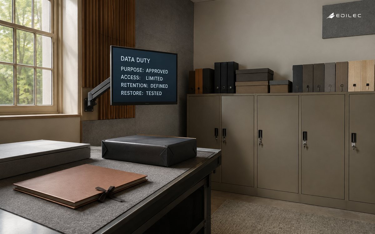 Locked records and a sealed backup case surround a data-duty monitor with approved purpose, limited access and tested restore.