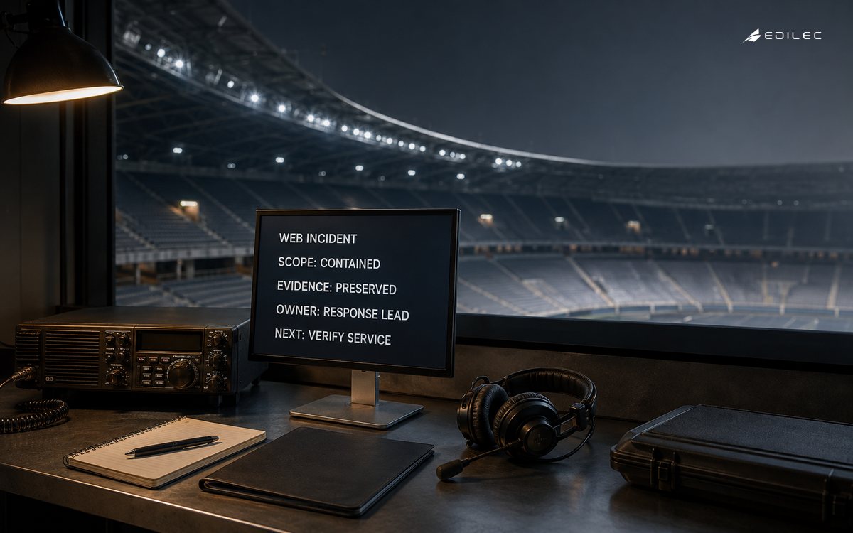 A stadium operations booth is ready to contain a web incident and verify service recovery.