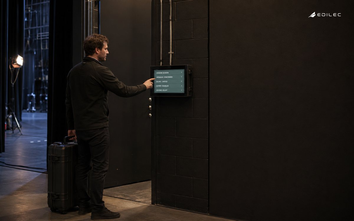 A theatre technician uses a sponsored vendor session with limited scope, enabled expiry and ready revocation.