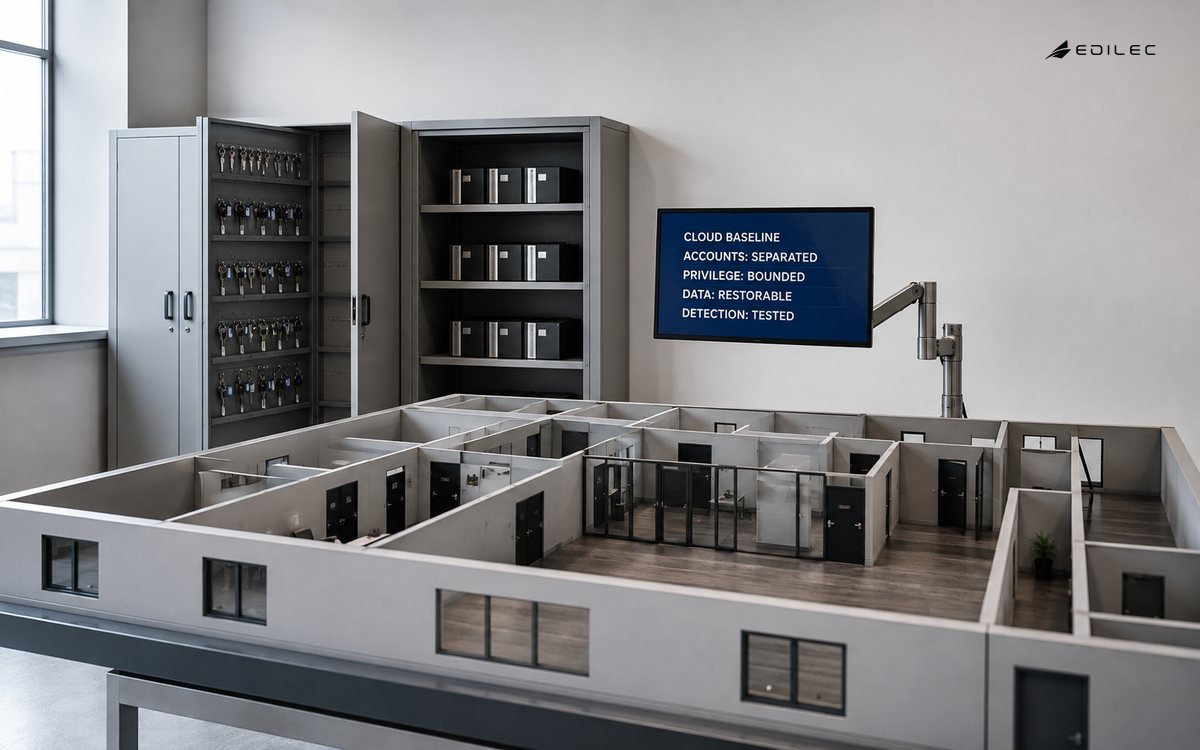 A civic continuity room combines separated access keys and restore media with a tested cloud-security baseline.