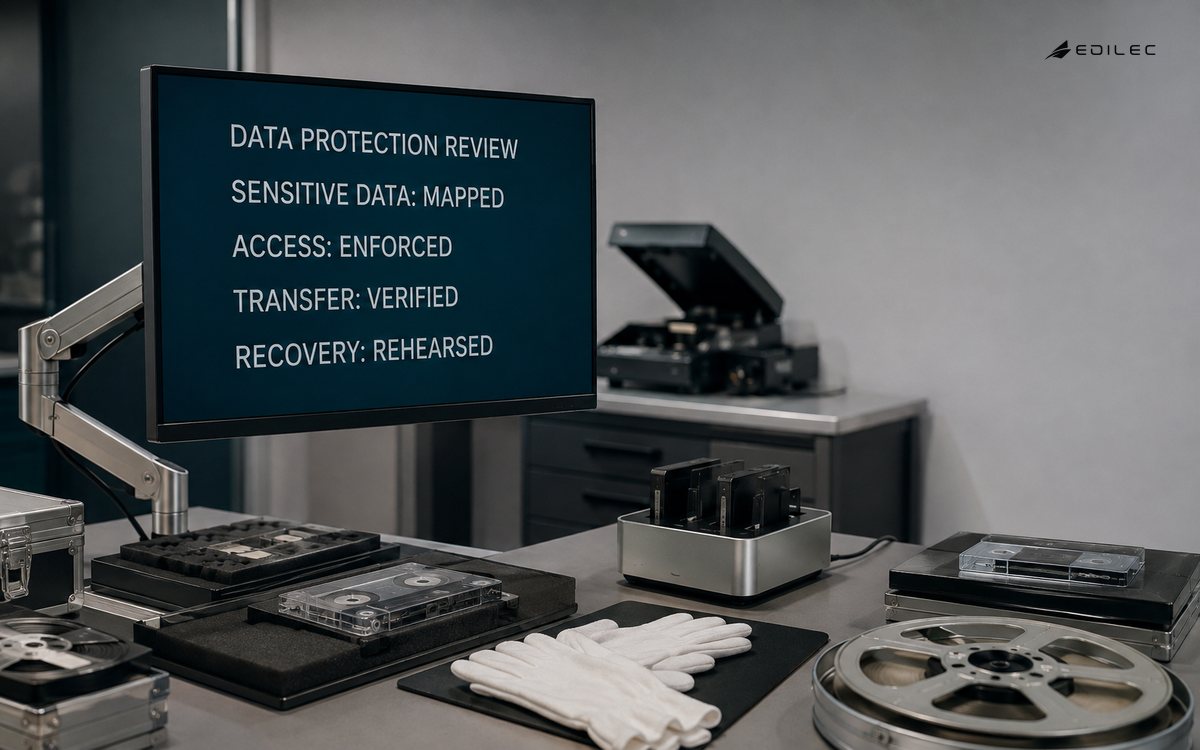 A museum media migration station verifies protected transfer and rehearsed recovery.