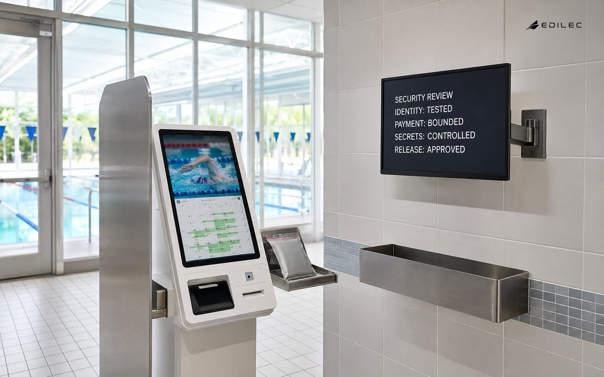 A security-review display overlooks entry equipment in a pool-enrolment test room.