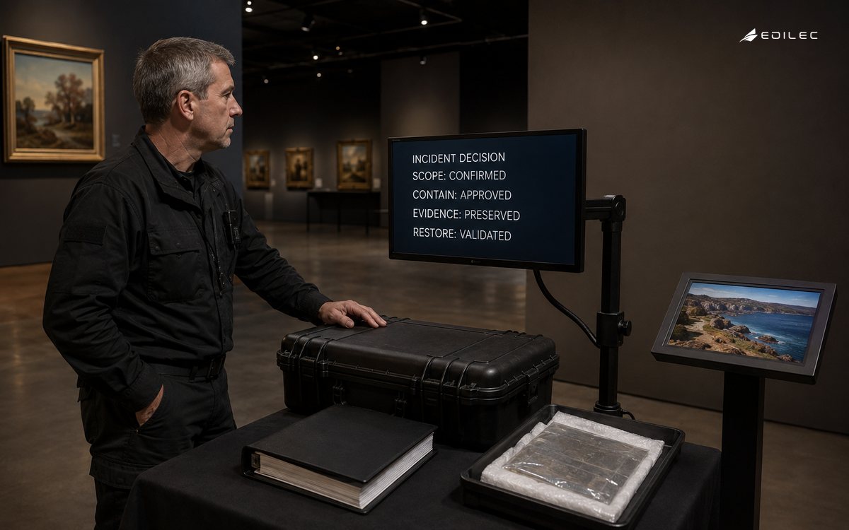 An incident responder faces a monitor beside evidence and recovery materials in a gallery continuity room.