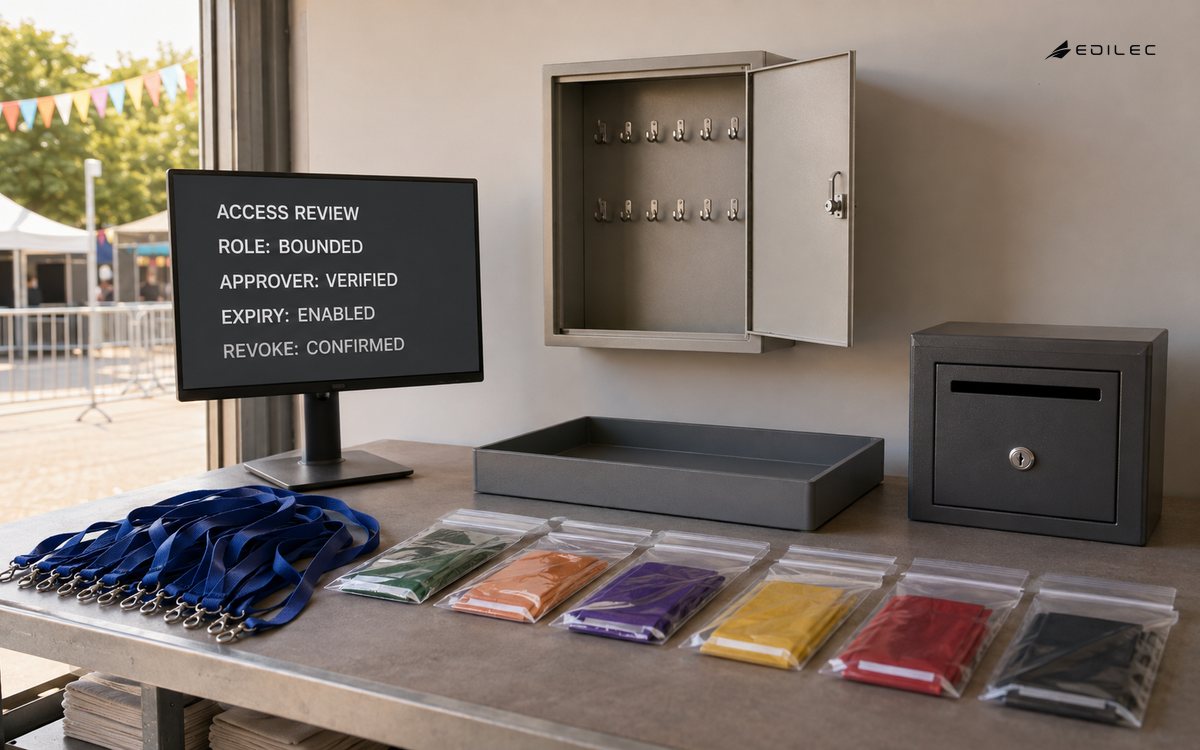 An access-review monitor stands beside lanyards and credential trays in a festival service room.