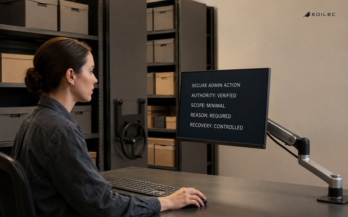An archival-services operator verifies authority and recovery before a secure admin action.